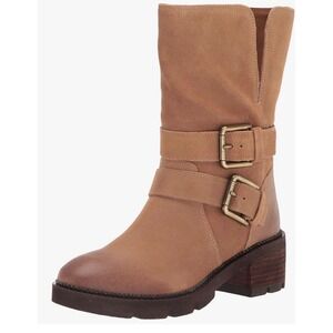Donald Pliner Saraya Tan Suede Double Buckle Mid-Calf Boots Block Heel Lug Sole.